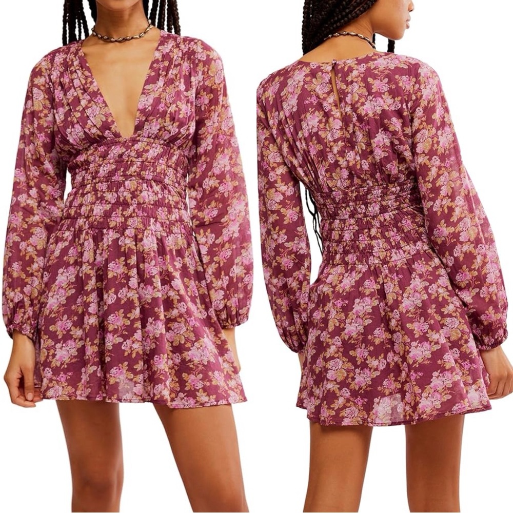 Free People Dress Keep You Mini Long Sleeve Cotton Floral Berry Combo Sz L